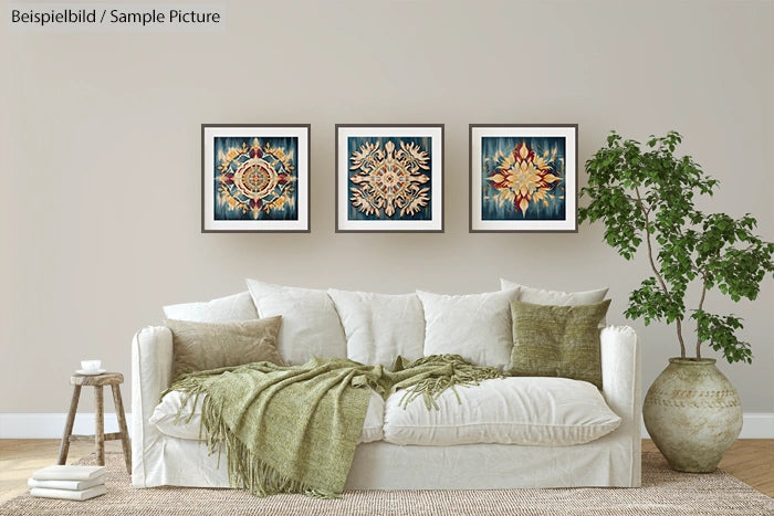 Cozy living room with a white sofa, green pillows, a blanket, modern wall art, and a potted plant.