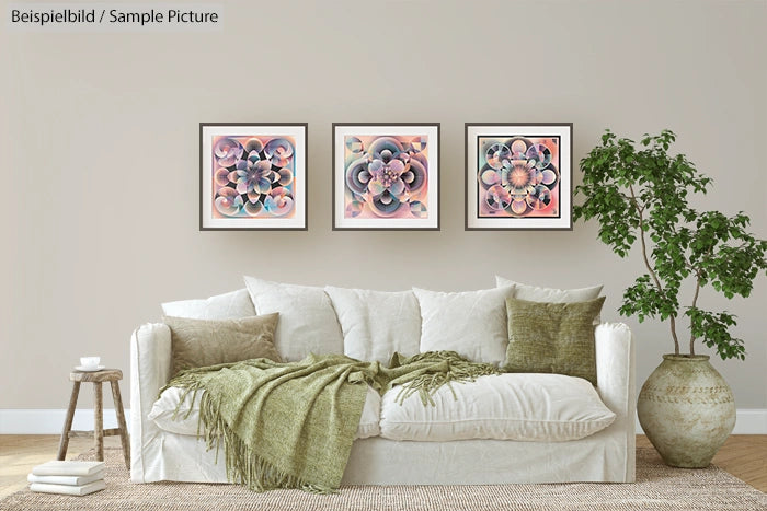 Elegant living room with a white sofa, green pillows, and three abstract art paintings on the wall.