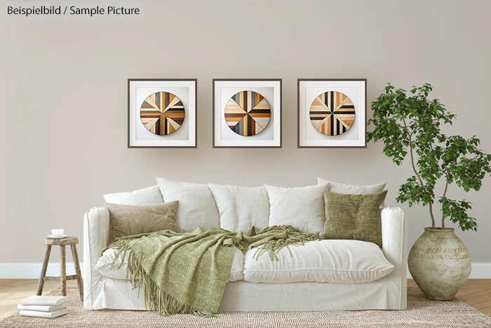 Cozy living room with white sofa, green pillows, throws, art on wall, and a potted tree.