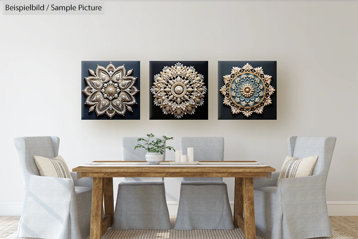 Dining room with wooden table, gray chairs, and decorative mandala artwork on wall.