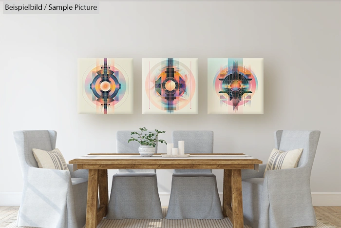 Modern dining room with wooden table, four gray upholstered chairs, and abstract art on the wall.