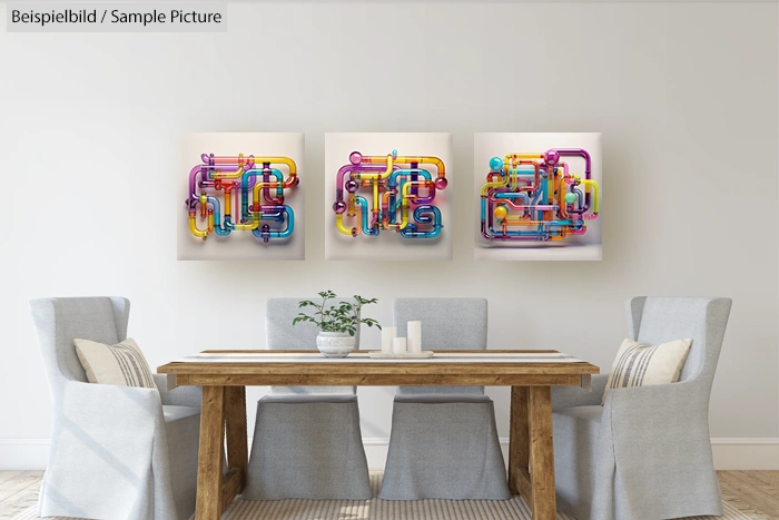 Modern dining room with wooden table, gray chairs, and colorful abstract art on white walls.