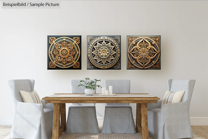 Elegant dining room with a wooden table, six upholstered chairs, and three decorative mandala artworks on the wall.