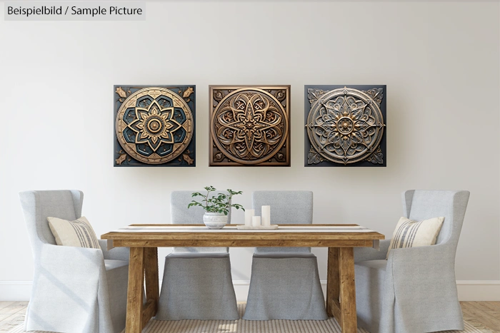 Dining room with wooden table, six gray chairs, and three decorative geomagnetic wall art pieces.