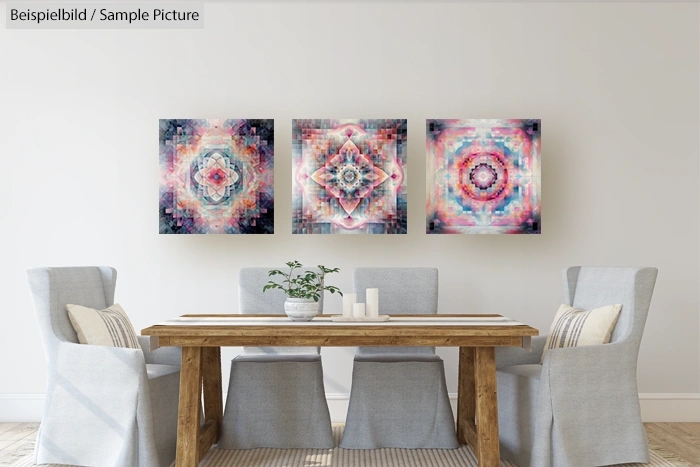 Dining room with wooden table, gray chairs, and abstract artwork on white wall.