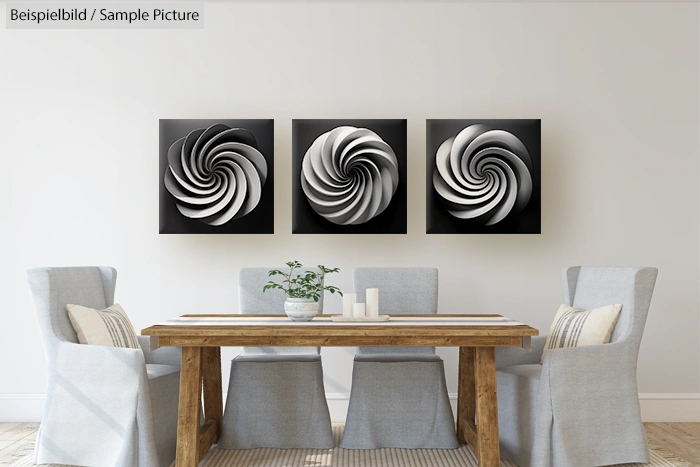 Modern dining room with wood table, four gray chairs, and abstract spiral artwork on the wall.