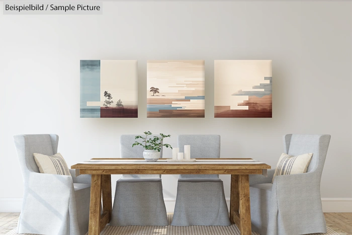 Modern dining room with rustic wooden table, gray cushioned chairs, and abstract tree artwork on the wall.