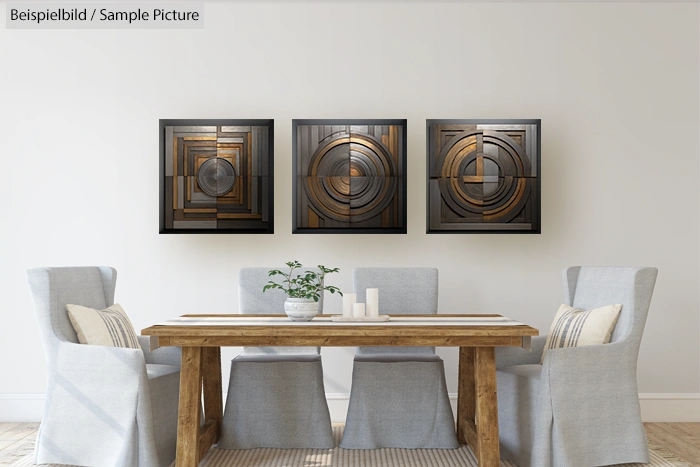 Modern dining room with wooden table, light gray chairs, and three geometric abstract artworks on the wall.