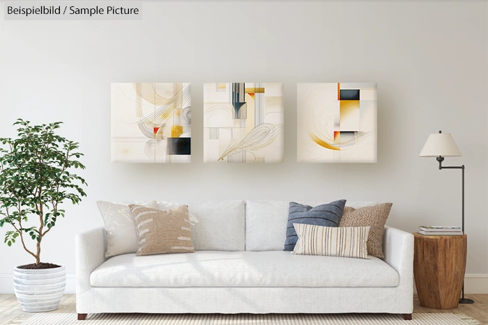 Modern living room with white sofa, abstract artwork, and decorative pillows.