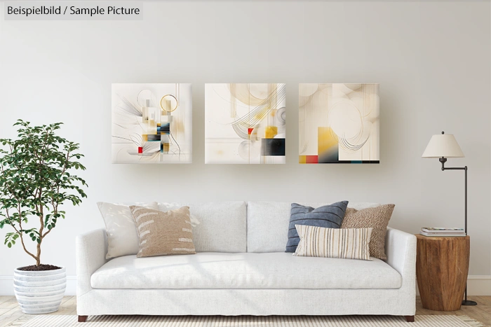 Modern living room with abstract art above couch and a potted plant. Neutral tones and geometric designs on the wall.