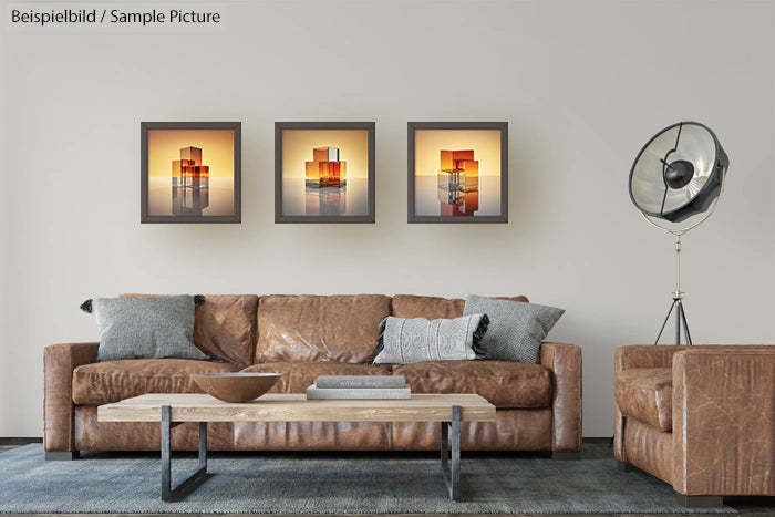 Contemporary living room with brown leather sofa, wooden coffee table, and three abstract framed artworks on the wall.