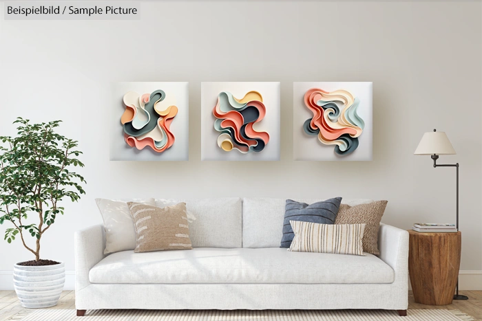 Modern living room with abstract art, neutral-toned sofa, and a potted plant against a white wall.