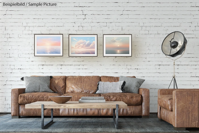 Cozy living room with leather sofa, wooden coffee table, and framed landscape photos on a white brick wall.