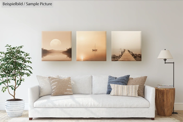 Living room with three sepia-tone landscape paintings, a white sofa, assorted pillows, floor lamp, and a potted plant.