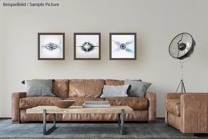 Contemporary living room with leather sofa, coffee table, and three framed abstract art pieces on the wall.