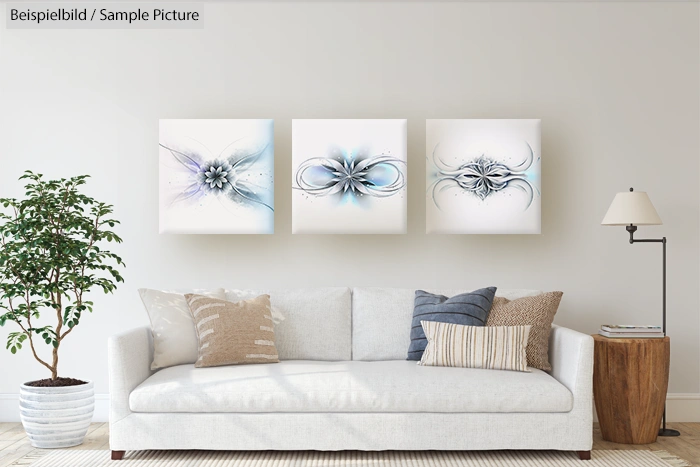 Modern living room with white sofa, pillows, wall art, potted plant, and floor lamp.