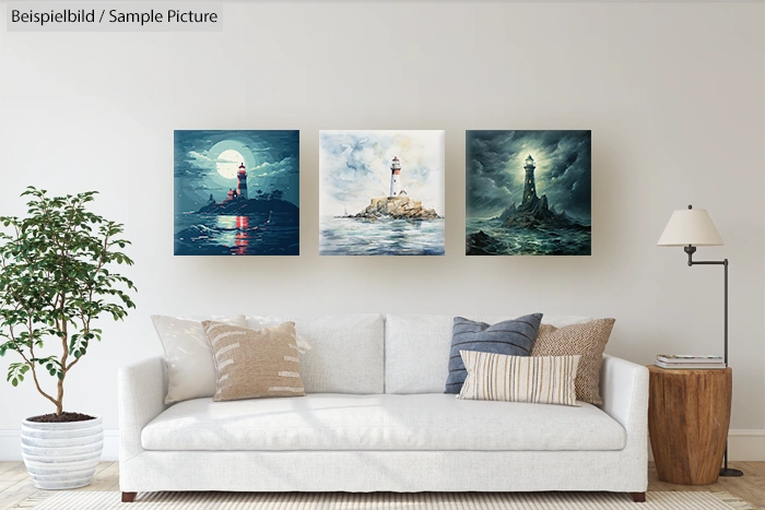 Living room with beige sofa, pillows, and three lighthouse paintings on the wall. Potted plant and lamp present.