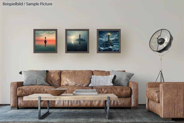 Modern living room with brown leather sofa, wooden coffee table, and three framed art pieces depicting lighthouses on the wall.