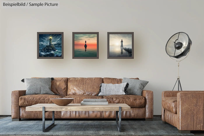 Living room with brown leather couches, modern lamp, and three lighthouse paintings on the wall.