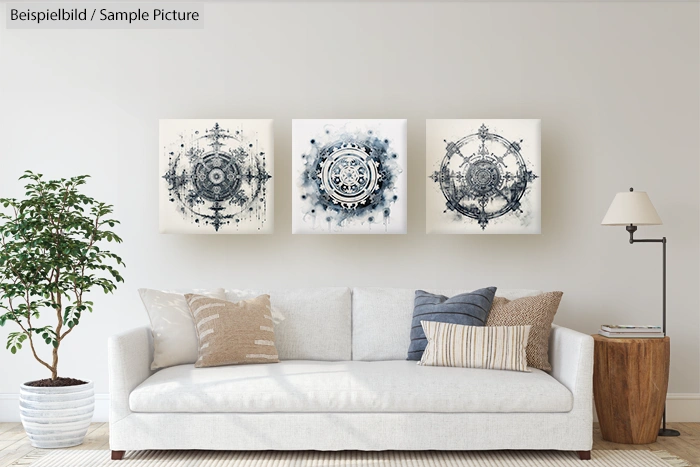 Modern living room with white sofa, patterned cushions, a potted plant, and three abstract art pieces on the wall.