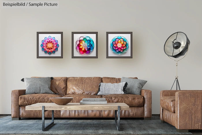 Modern living room with brown leather sofa, three colorful geometric art pieces on wall, and a large floor lamp.