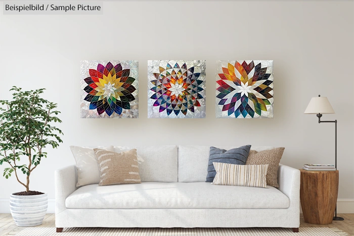 Modern living room with a white sofa, decorative cushions, potted plant, and three colorful geometric artworks on the wall.