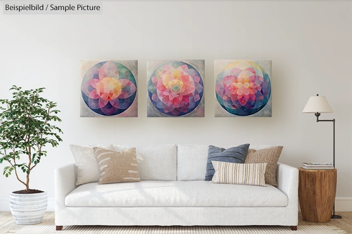 Modern living room with abstract geometric artwork above a white sofa and potted plant.