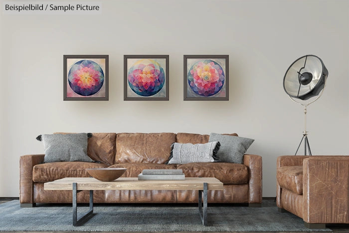 Modern living room with leather sofa, geometric artwork, and industrial floor lamp.