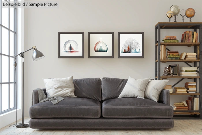 Modern living room with gray sofa, three framed prints on wall, and a metal bookshelf with vintage books and decor.