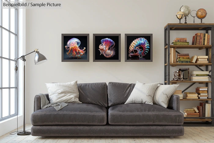 Modern living room with a gray sofa, bookshelf, and three framed sea creature artworks on the wall.