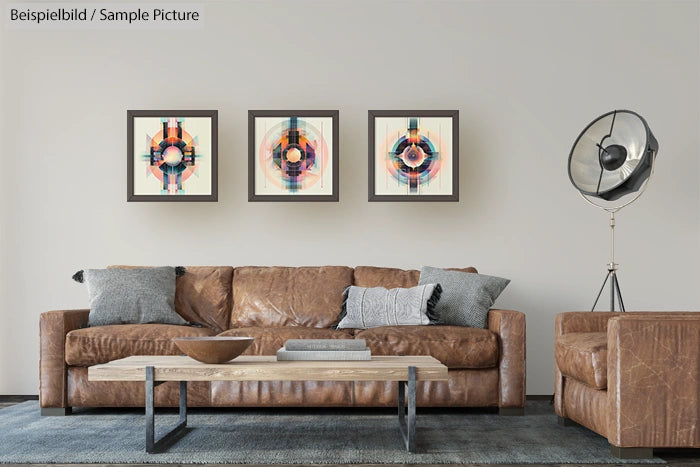 Modern living room with brown leather sofas and colorful abstract art on the wall.