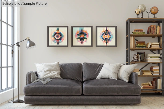 Contemporary living room with gray sofa, abstract art, and bookshelf filled with books and decor.