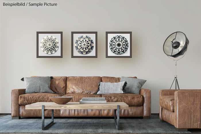 Modern living room with a brown leather sofa, artworks on the wall, and a floor lamp.