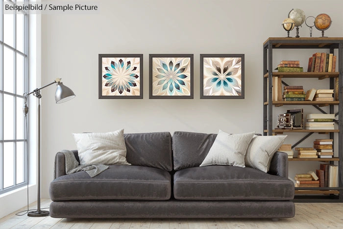 Modern living room with gray sofa, decorative pillows, framed abstract art, and a bookshelf with assorted books.