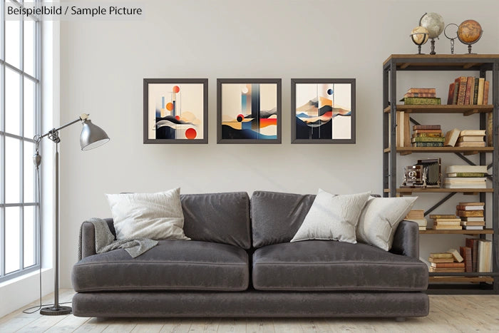 Modern living room with gray sofa, abstract art on wall, and book-filled shelf.