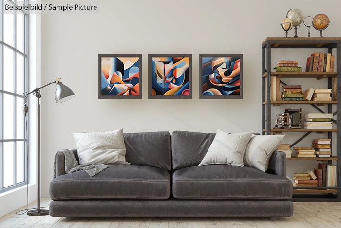 Modern living room with gray sofa, abstract art, bookshelf, and large window.