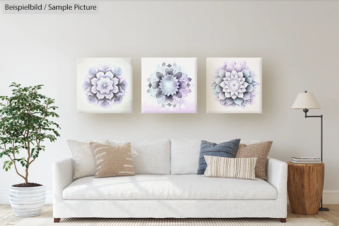 Modern living room with beige sofa, decorative pillows, potted plant, and three abstract floral paintings on the wall.