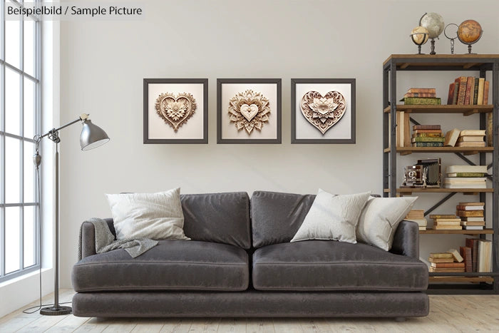 Modern living room with a grey sofa, three heart-themed artworks on the wall, and a bookshelf with decor items.