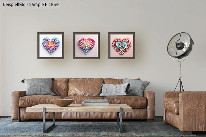 Modern living room with a brown leather sofa, wooden coffee table, three heart art pieces, and a vintage lamp.