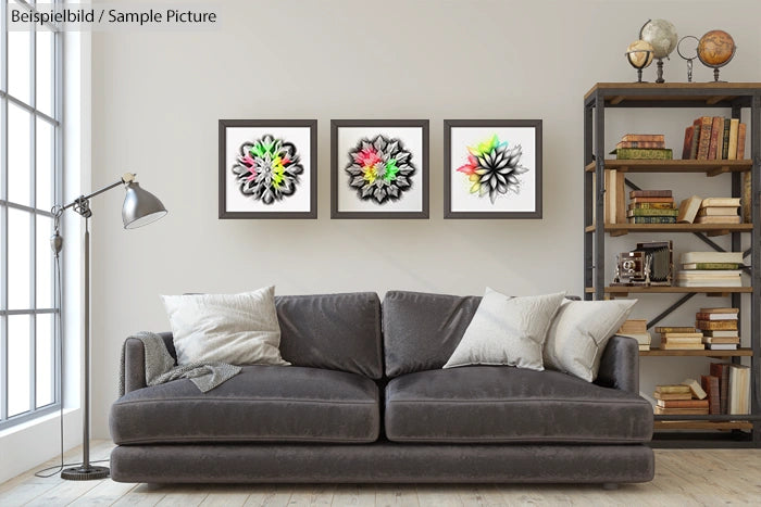 Modern living room with gray sofa, pillows, and wall art. Shelves with books and decor items beside the sofa.