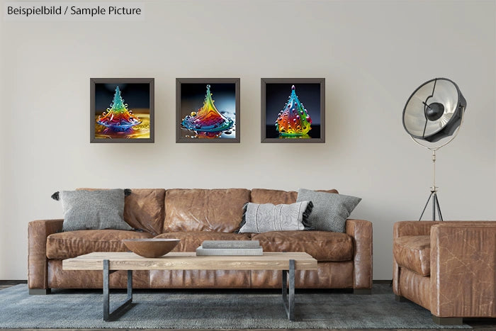 Contemporary living room with brown leather sofa, wooden coffee table, and three colorful abstract artworks on the wall.