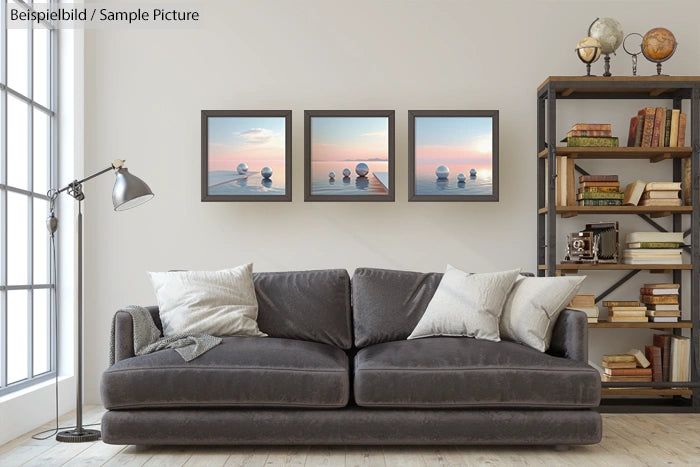 Modern living room with gray sofa, three abstract framed artworks, and a bookshelf with assorted books under soft lighting.