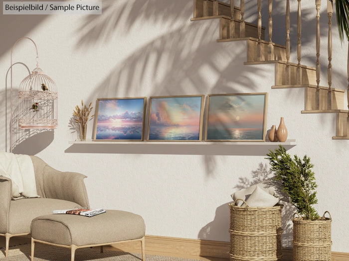 Cozy room with wicker baskets, beige armchair, wall shelf with beach sunset photos, and stairs casting shadows.