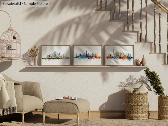 Cozy room with three colorful skyline paintings on wall, a pink birdcage, chair, ottoman, and staircase in background.