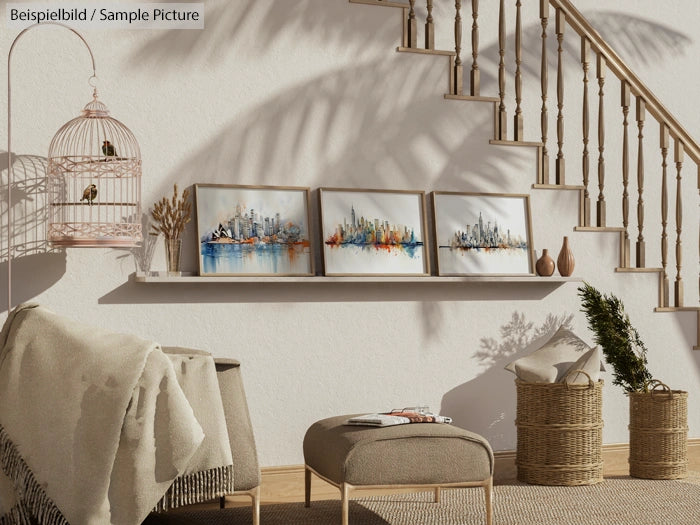 Cozy interior with framed skyline paintings, a birdcage, poufs, woven baskets, and a staircase casting shadows.