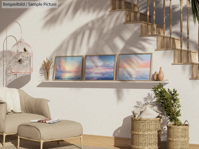 Cozy living room with framed sunset art on ledge, wicker baskets, and neutral-toned chair. Elegant birdcage decor nearby.