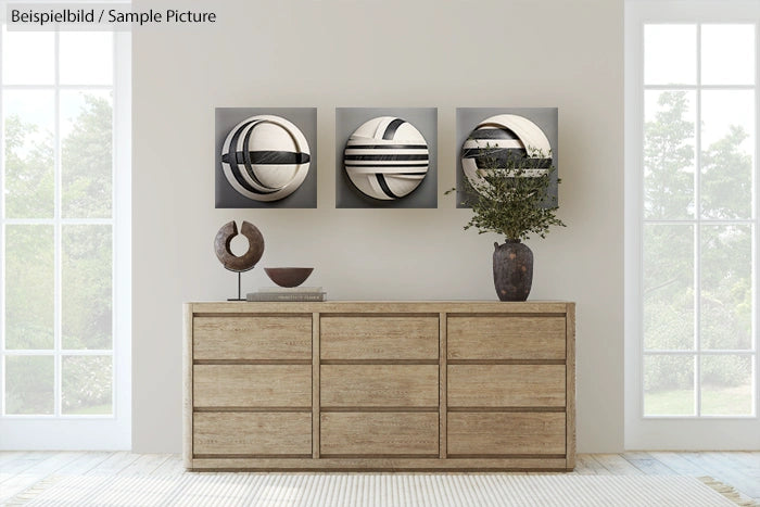 Modern living room with a wooden sideboard, abstract wall art, and decorative objects on top, between two large windows.