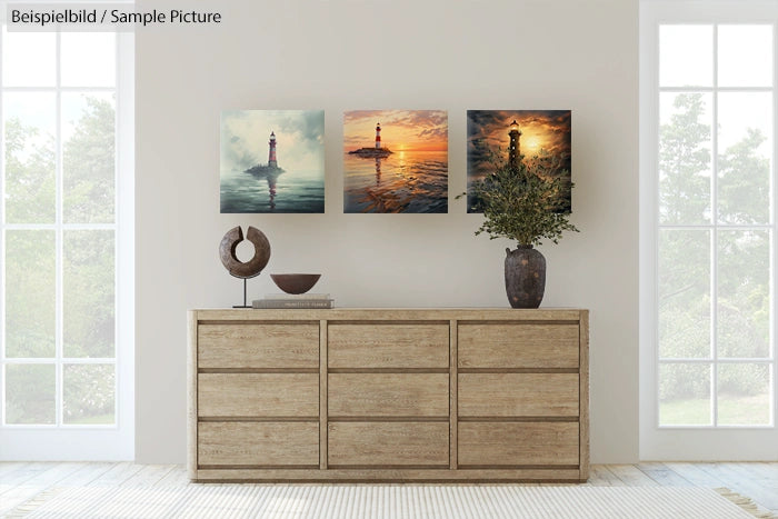 Room with wooden dresser, three lighthouse paintings, large windows, and a vase with greenery on top.