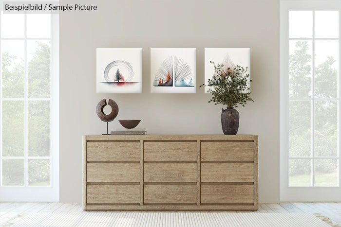 Minimalist living room with wooden dresser, abstract art on wall, and decorative vase and sculpture.