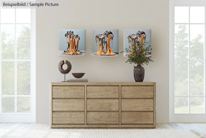 Minimalist room with wooden dresser, abstract art on wall, and pottery accents in neutral tones.